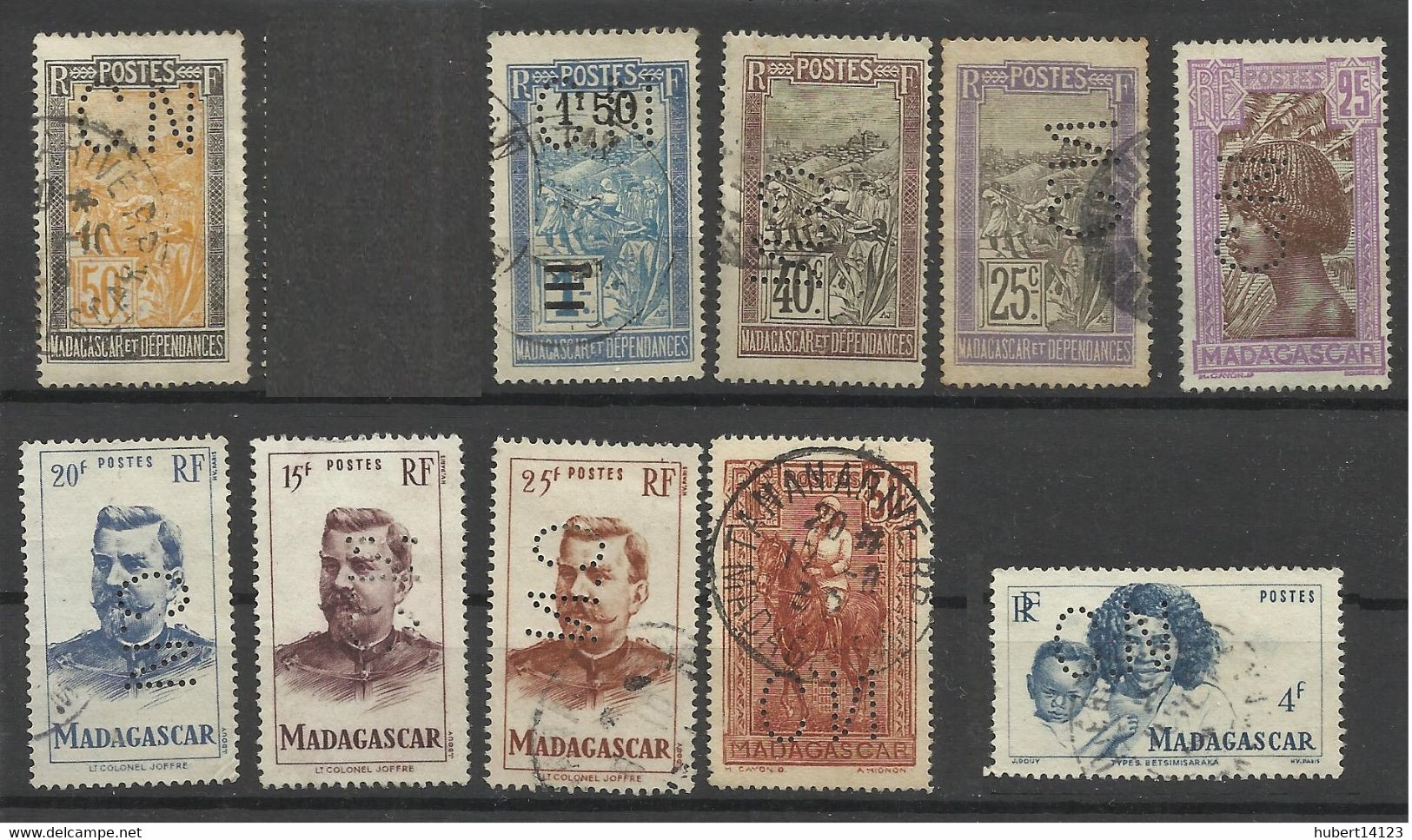 COLONIE Madagascar 10 Timbres CN2 INDICE 3 Perforé Perforés Perfins Perfin - Andere & Zonder Classificatie