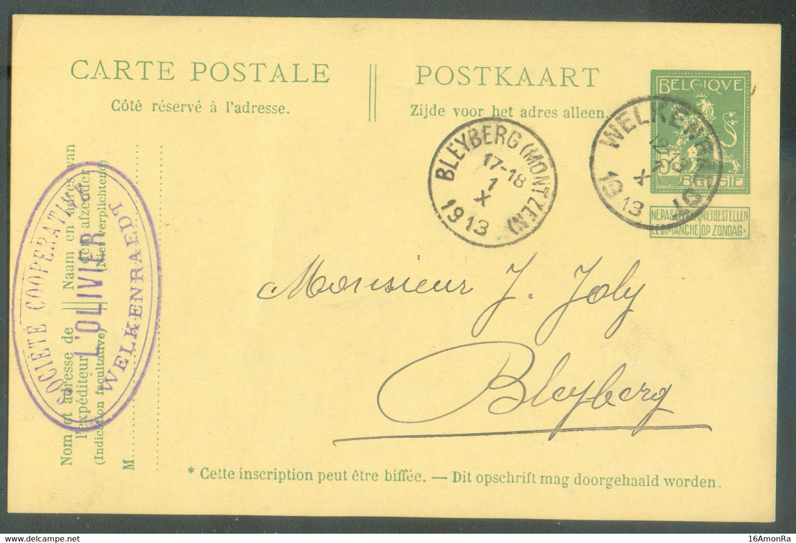 CANTONS DE L'EST - E.P. Carte 5c. PELLENS Obl. Sc WELKENRAEDT 1-X-1913 Vers Bleyberg (Montzen) - Exp. Soc; Coop. L'OLIVI - Postcards 1909-1934