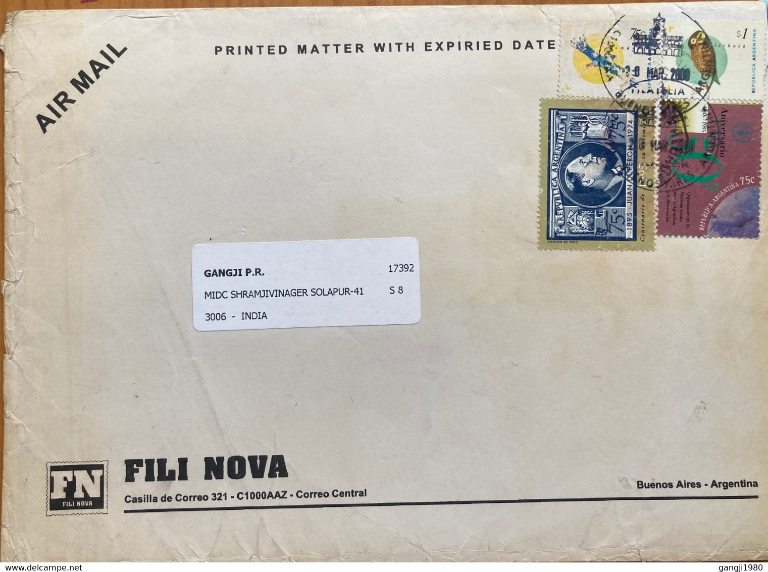 ARGENTINA 2000, JUAN PERON, OWL BIRD TAB, 3 STAMPS SPECIAL BUILDING CANCELLATION,AIRMAIL COVER TO INDIA, RECEIVED IN TOR - Brieven En Documenten