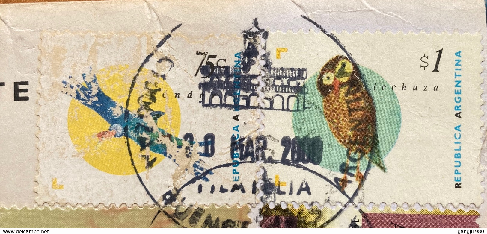 ARGENTINA 2000, JUAN PERON, OWL BIRD TAB, 3 STAMPS SPECIAL BUILDING CANCELLATION,AIRMAIL COVER TO INDIA, RECEIVED IN TOR - Lettres & Documents