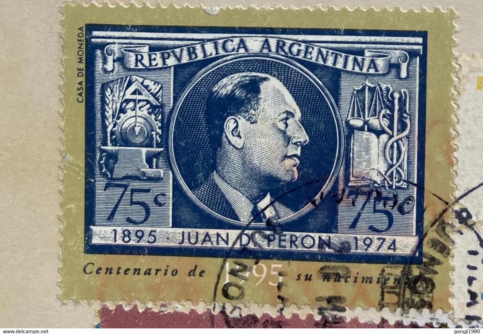 ARGENTINA 2000, JUAN PERON, OWL BIRD TAB, 3 STAMPS SPECIAL BUILDING CANCELLATION,AIRMAIL COVER TO INDIA, RECEIVED IN TOR - Cartas & Documentos