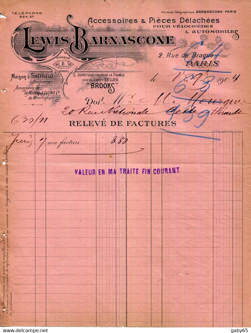 FACTURE.PARIS.ACCESSOIRES & PIECES DETACHÉES POUR VELOCIPEDES & AUTOMOBILES.LEWIS BARNASCONE 2 RUE DE BRAQUE. - Automobile