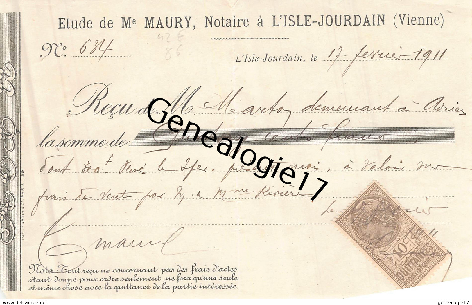 86 1820 L ISLE JOURDAIN L'isle VIENNE 1911 Notaire MAURY - 1900 – 1949