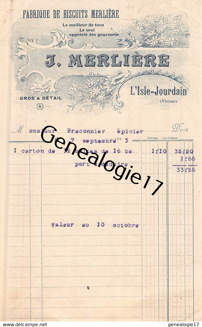 86 1822 L ISLE JOURDAIN L'isle VIENNE 1923 Fabrique De Biscuits MERLIERE FILS GENDRES Biscuiterie Dest BRACONNIER Epicie - 1900 – 1949