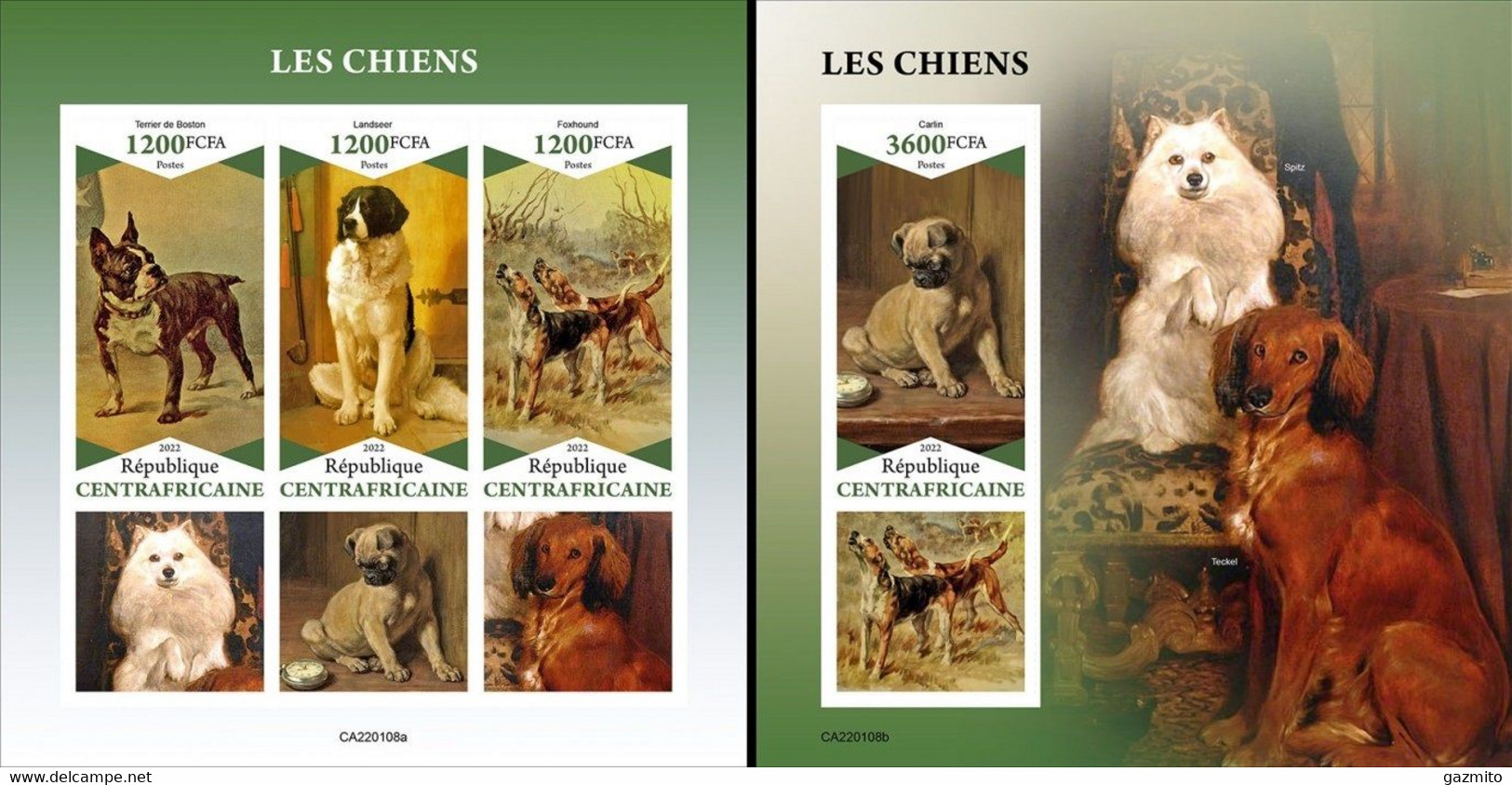 Dogs - Centrafrica 2022, Animals, dogs, clock, 3val in BF+BF IMPERFORATED