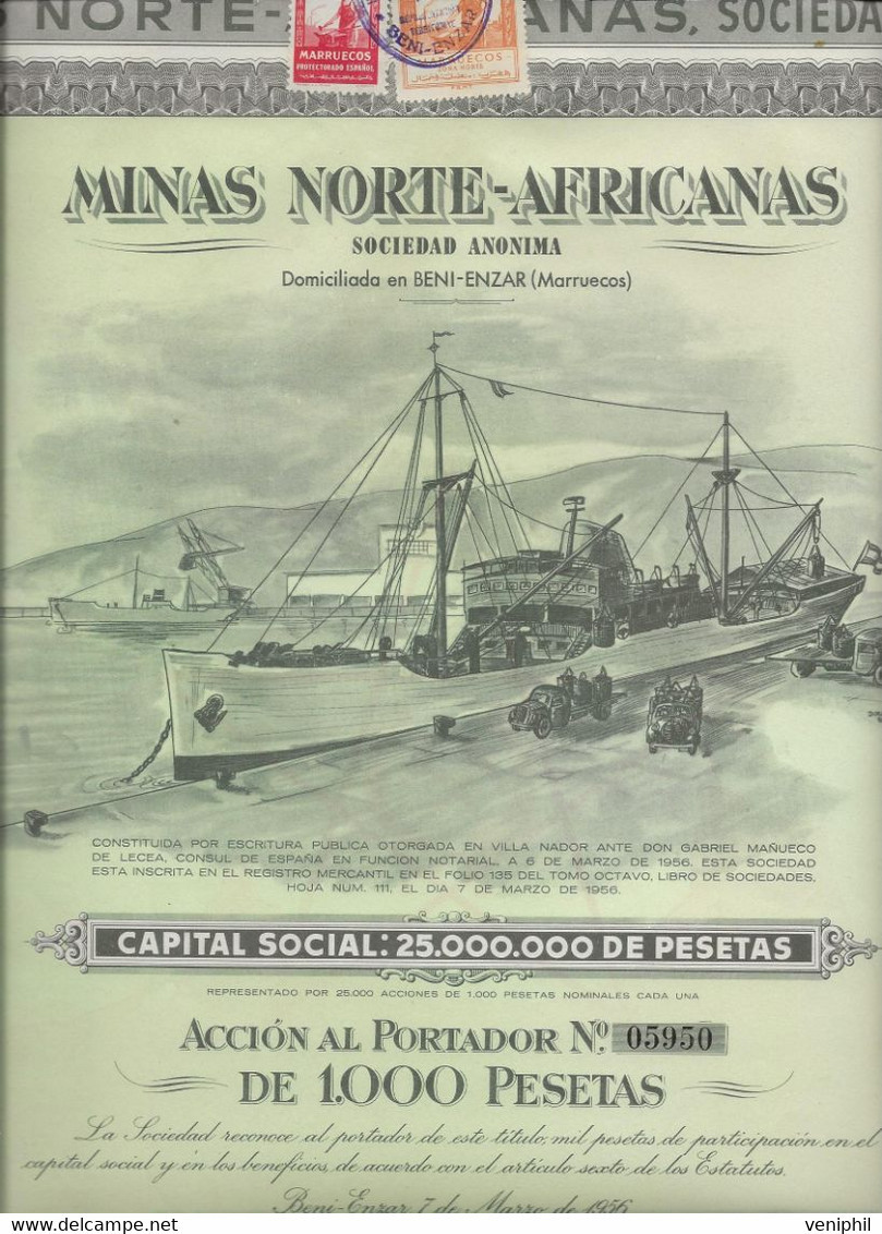 MINES NORD AFRICAINES- A BENI-ENZAR -MAROC - ACTION ILLUSTREE DE 1000 PESETAS -ANNEE 1956 - Miniere