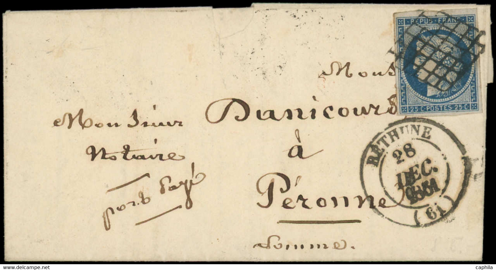 LET FRANCE - Poste - 4, Obl  Grille Sur Lettre, Cad T14 Béthune 28/12/51: 25c. Bleu - 1849-1876: Klassieke Periode