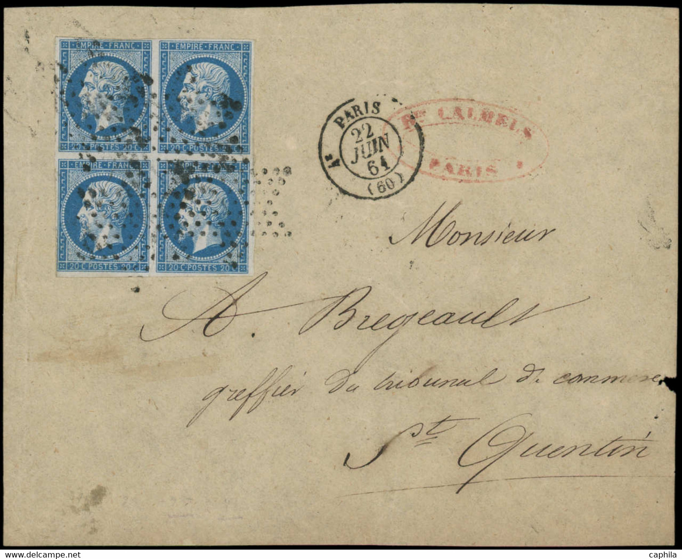 LET FRANCE - Poste - 14A, Type I, Bloc De 4 Obl étoile Sur Devant De Lettre, Cad Paris 22/6/61: 20c. Bleu - 1849-1876: Klassieke Periode