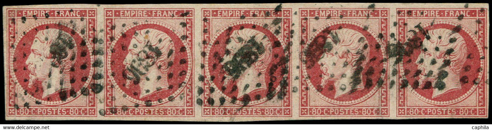 O FRANCE - Poste - 17A, Bande De 5, Filet Intacts, Signée Brun: 80c. Carmin - 1853-1860 Napoléon III.