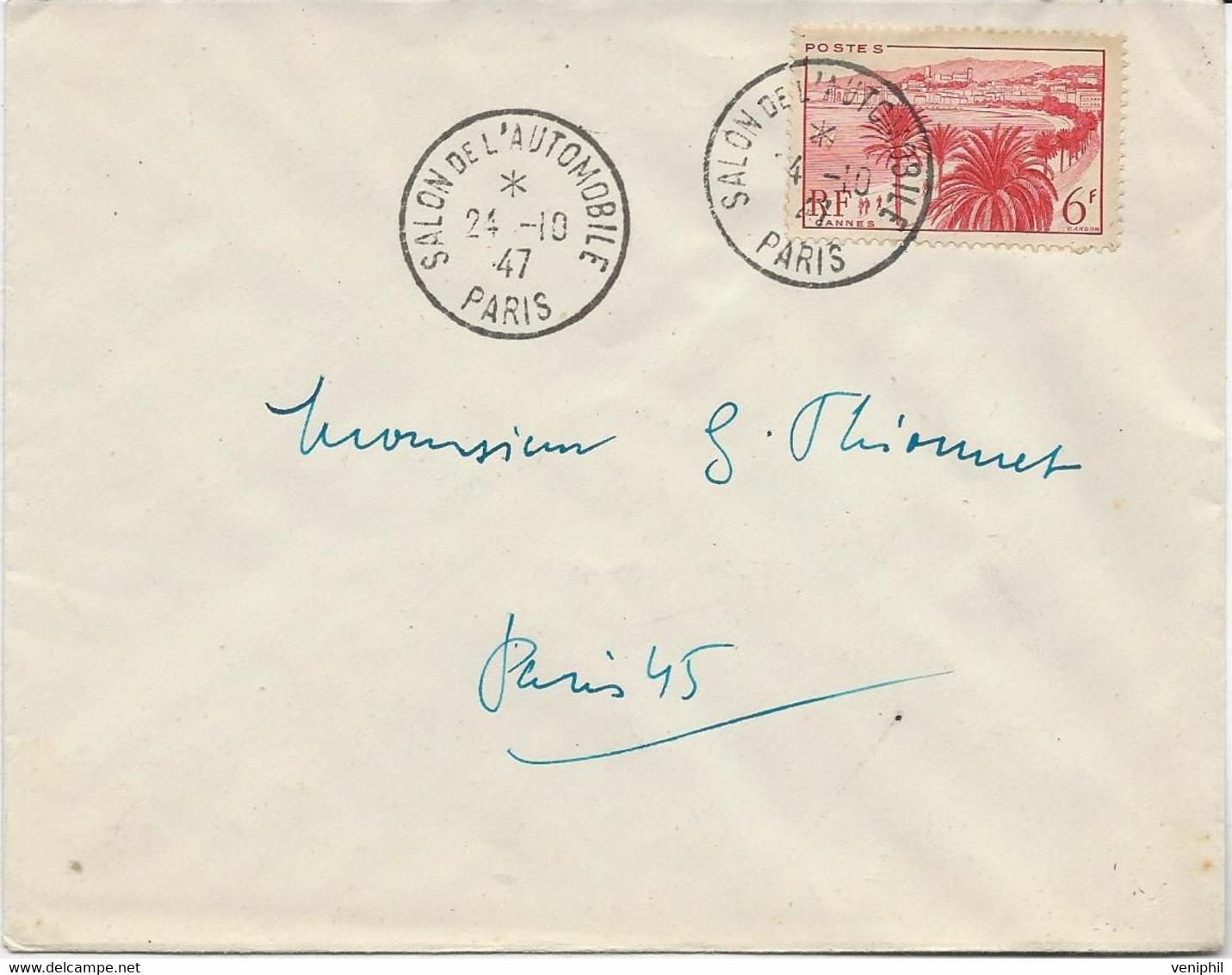 LETTRE AFFRANCHIE N° 777 -OBLITERATION TEMPORAIRE -SALON DE L' AUTOMOBILE -PARIS -24-10-47 - Temporary Postmarks