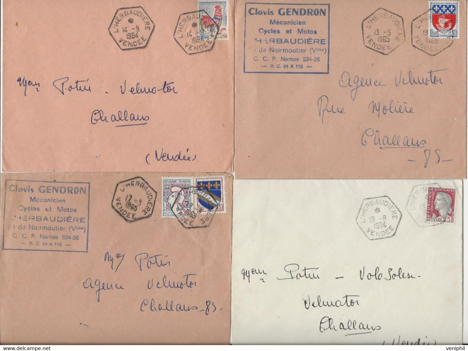 4 LETTRES AFFRANCHISSEMENT DIVERS - TOUTES OBLITEREES CACHET HEXAGONAL L'HERBAUDIERE VENDEE -1964 - Manual Postmarks