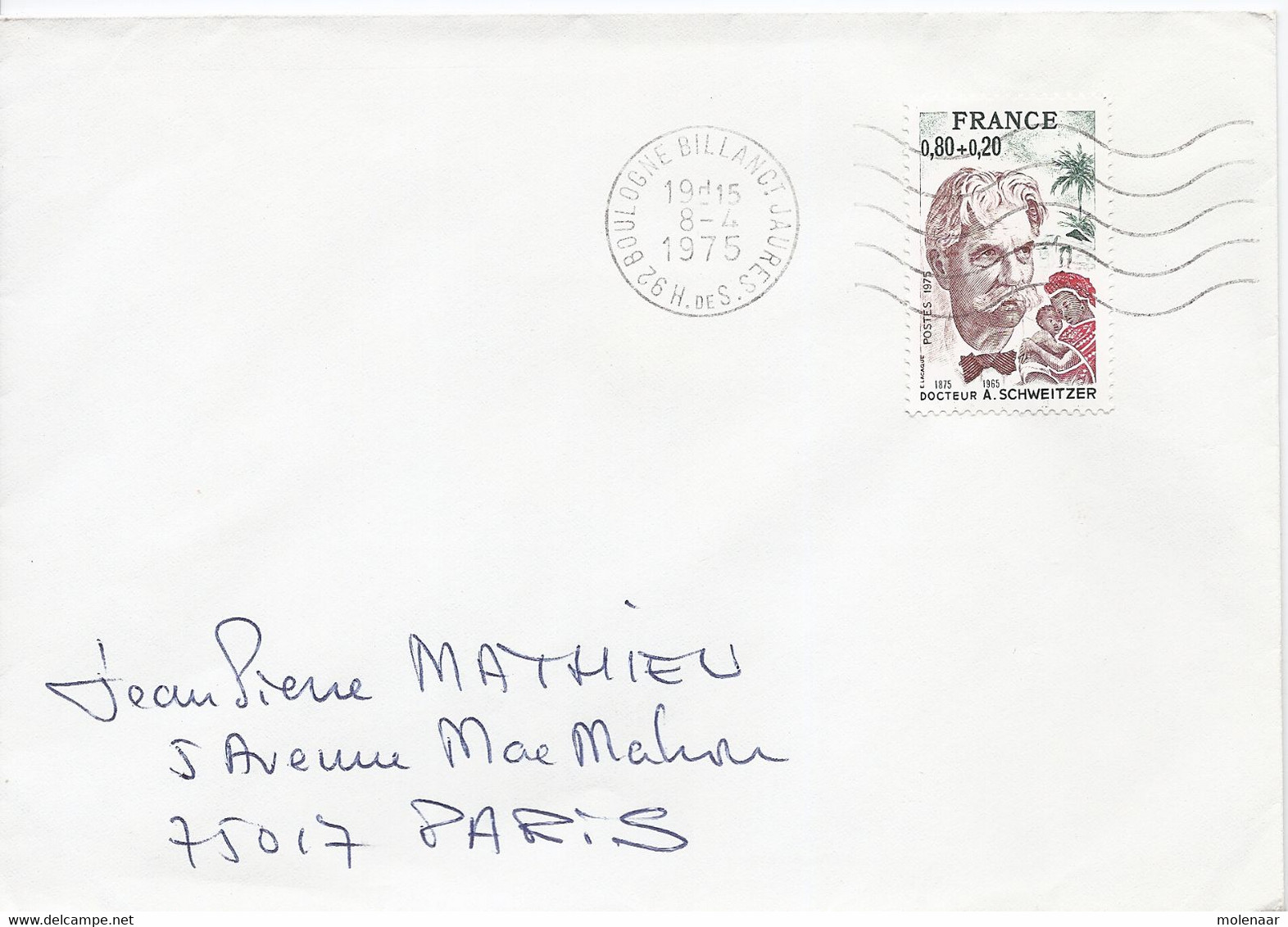 Frankrijk  Brief Uit 1975 Met 1 Postzegel  Boulogne 8-4-1975 (6697) - Albert Schweitzer