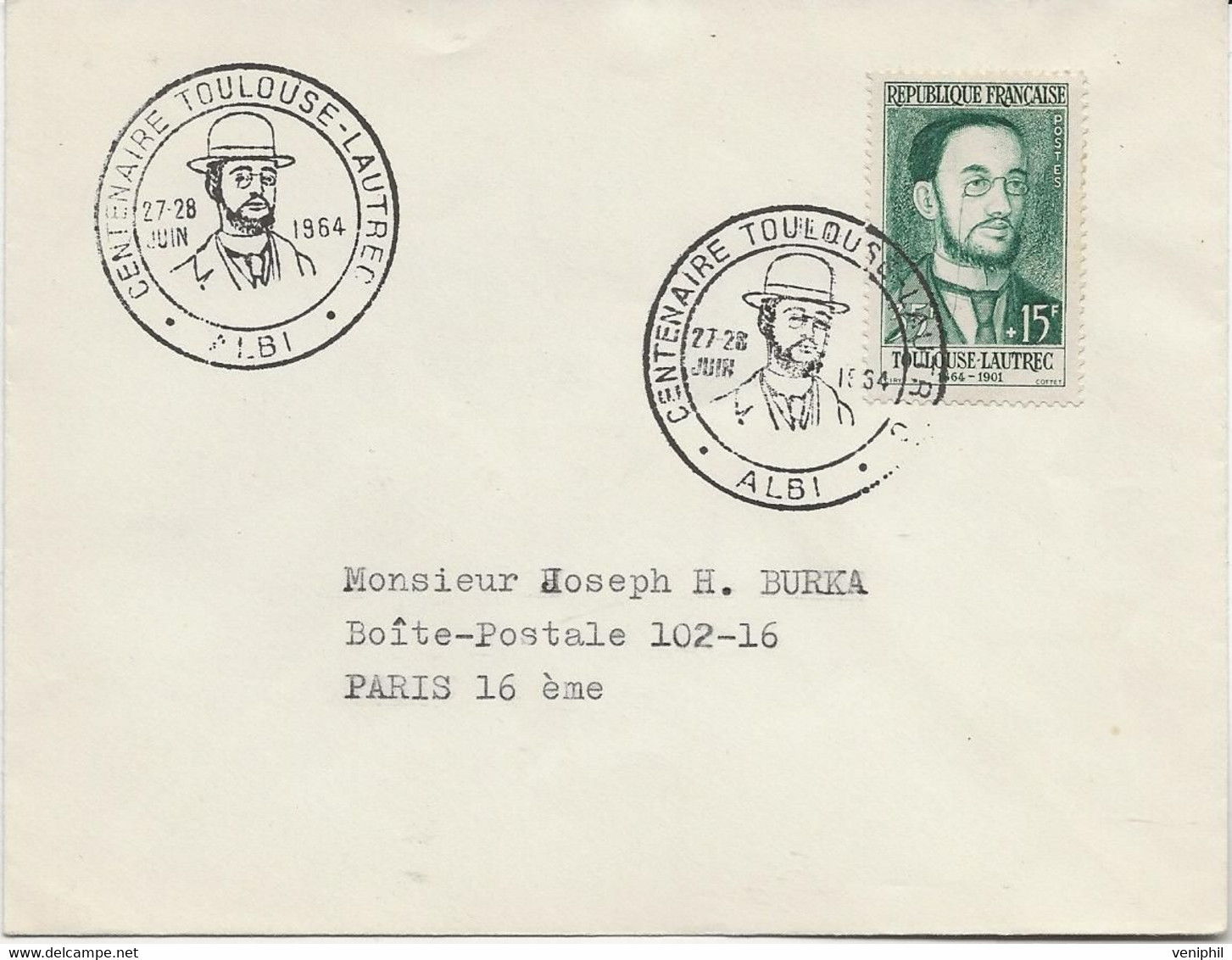 LETTRE AFFRANCHIE N° 1171 TOULOUSE LAUTREC - OBLITEREE CAD ILLUSTREE CENTENAIRE TOULOUSE LAUTREC -ALBI -1964 - Commemorative Postmarks