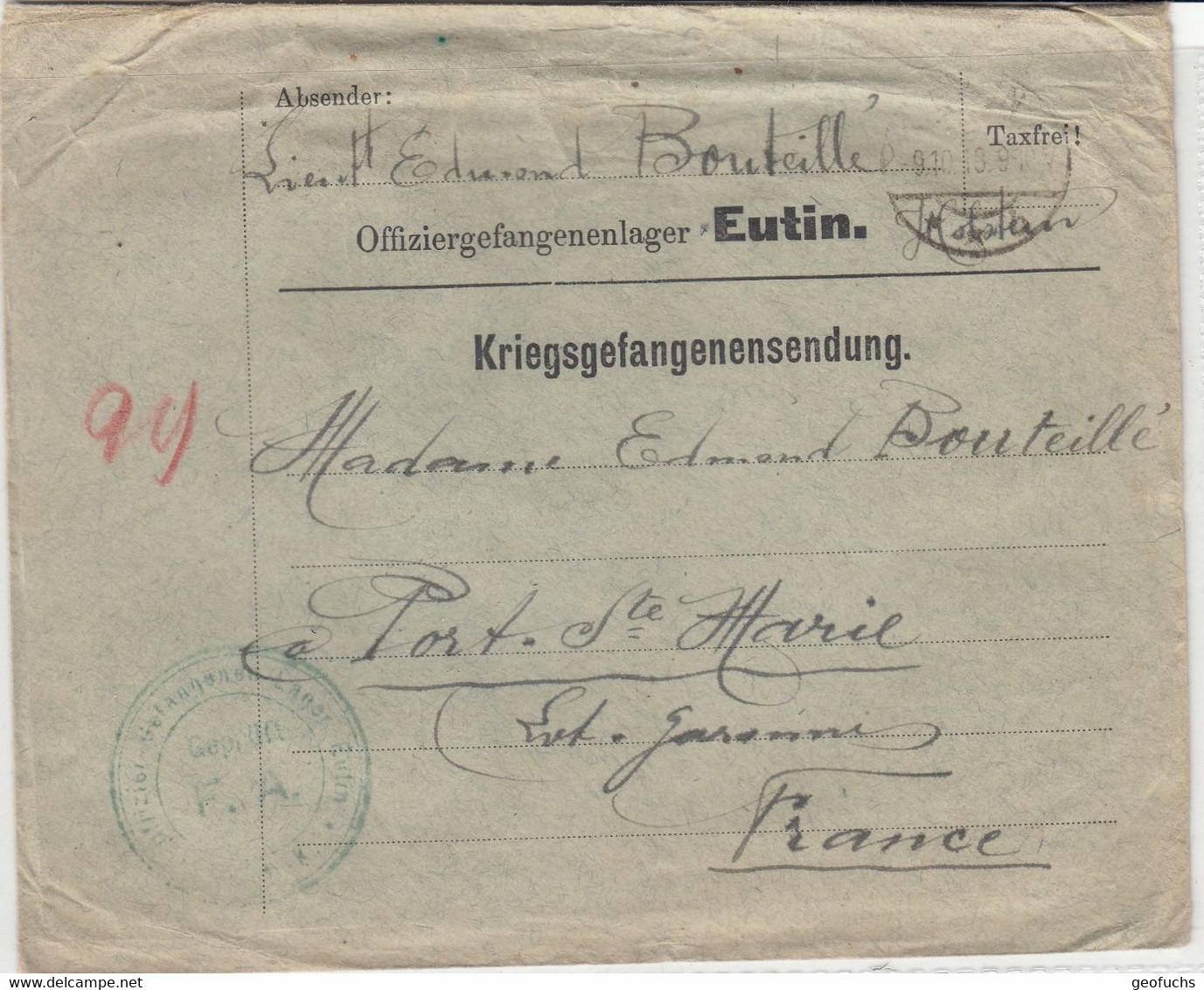 Lettre En Franchise D'officier Prisonnier Du Camp De EUTIN (Schelwig-Holstein) Envoyée Le 09.10.18 - Guerra De 1914-18