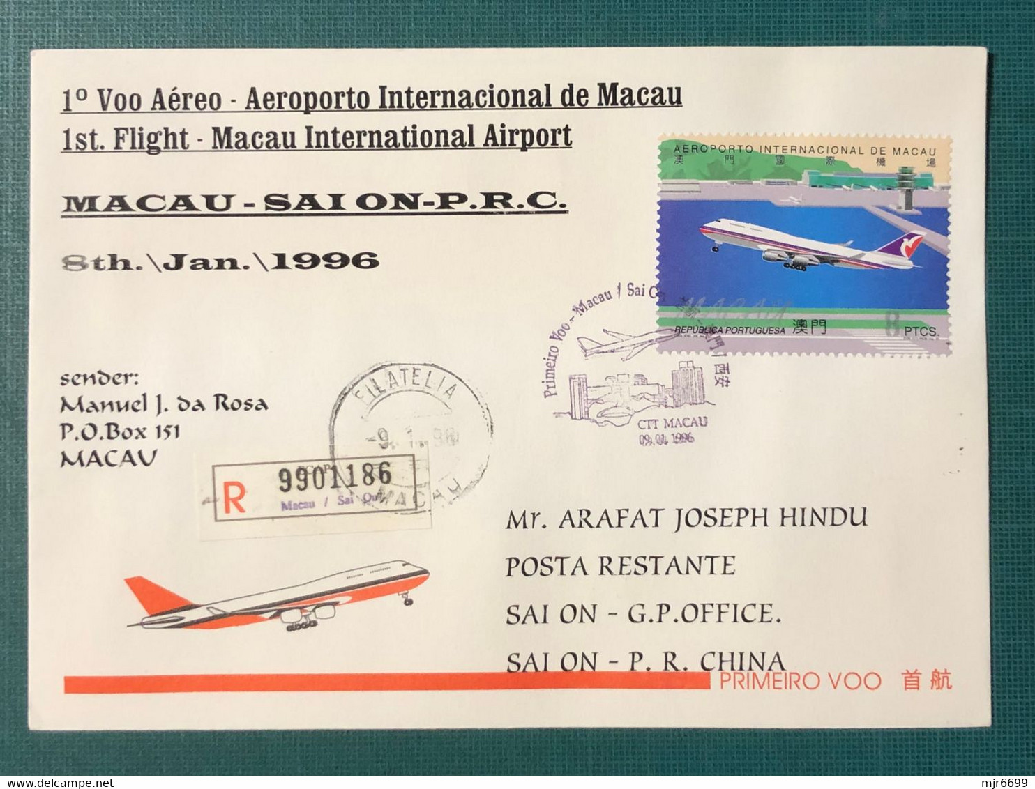 1996 MACAU INTER. AIRPORT FIRST FLIGHT COVER TO SAI ON, PRCHINA - REGISTERED COVER - Briefe U. Dokumente