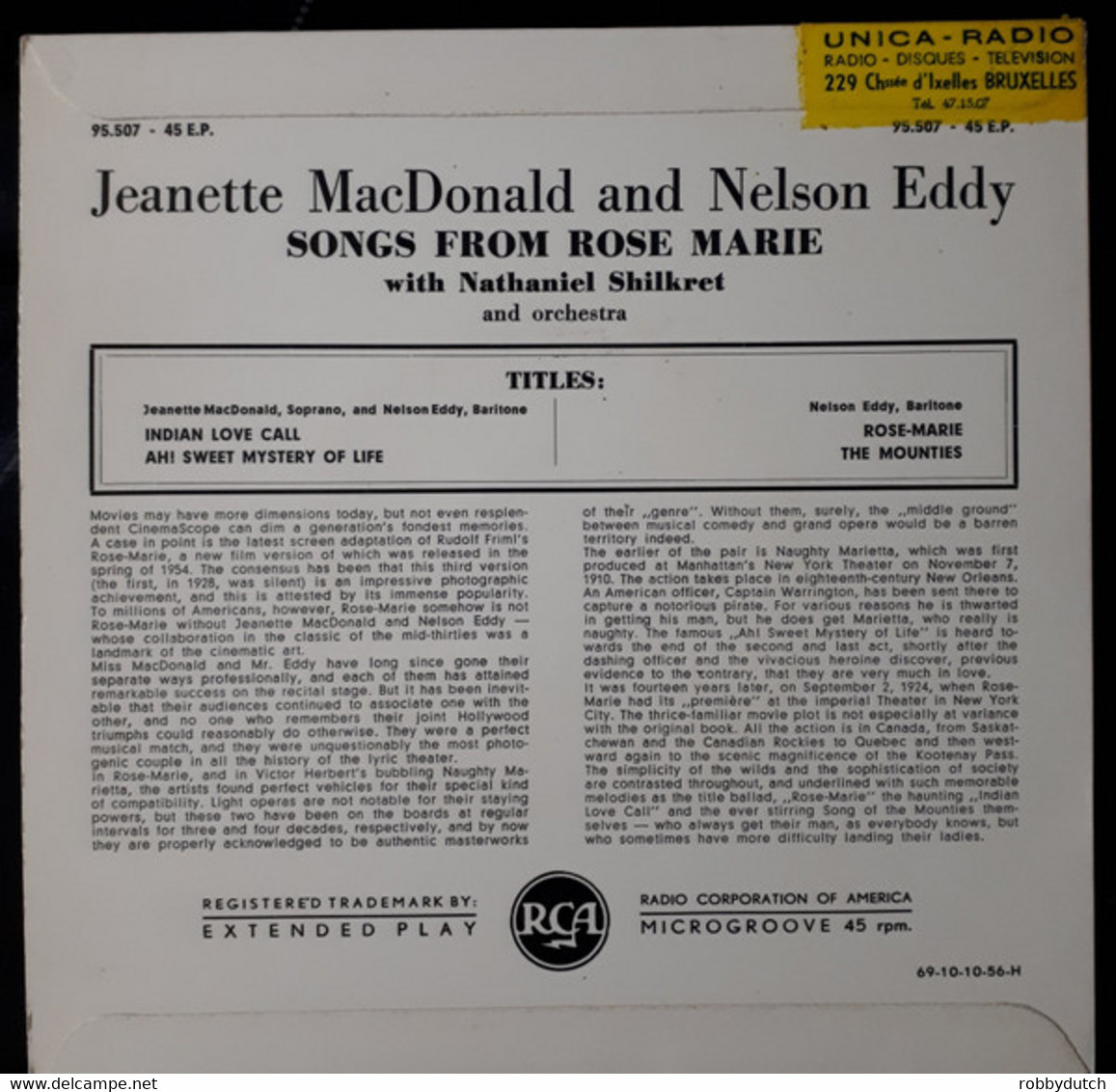 * 7" EP *  JEANETTE MAC DONALD & NELSON EDDY - SONGS FROM ROSE-MARIE  (Belgium 1954) - Musicals