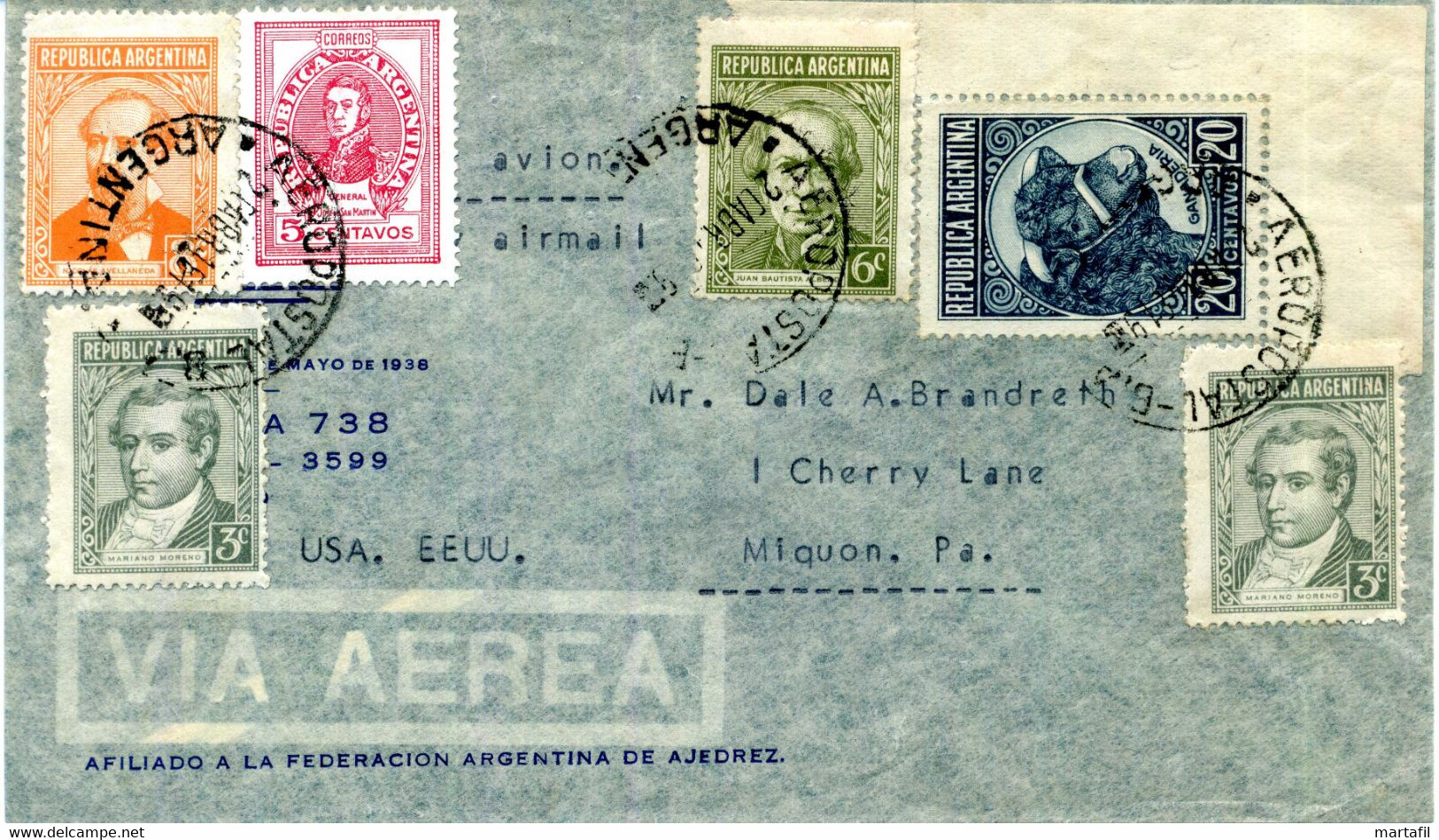Busta ARGENTINA VIA AEREA PER MIQUON PA. USA United States - Airmail