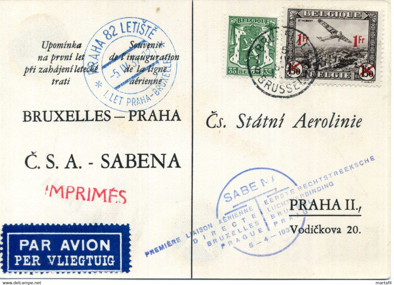 5.4.1937 Ct. Première Liaison Aèrienne Directe Bruxelles - Prague PRAHA II., Vodickova 20. - Other & Unclassified