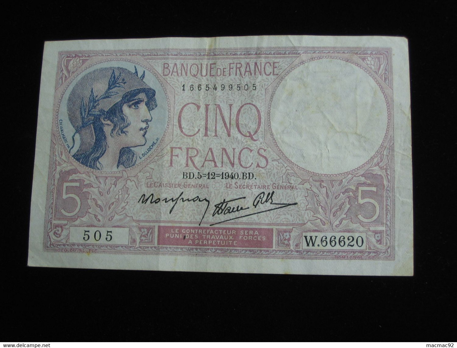 5 Francs Violet 5=12=1940   **** EN ACHAT IMMEDIAT **** - 5 F 1917-1940 ''Violet''