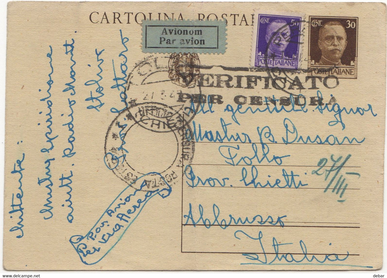 WW2 - ITALY OCCUPATION OF MONTENEGRO 1942- -PERASTO - CATTARO - TOOLO CHIETI- CENSURA - PAR AVION - Montenegro