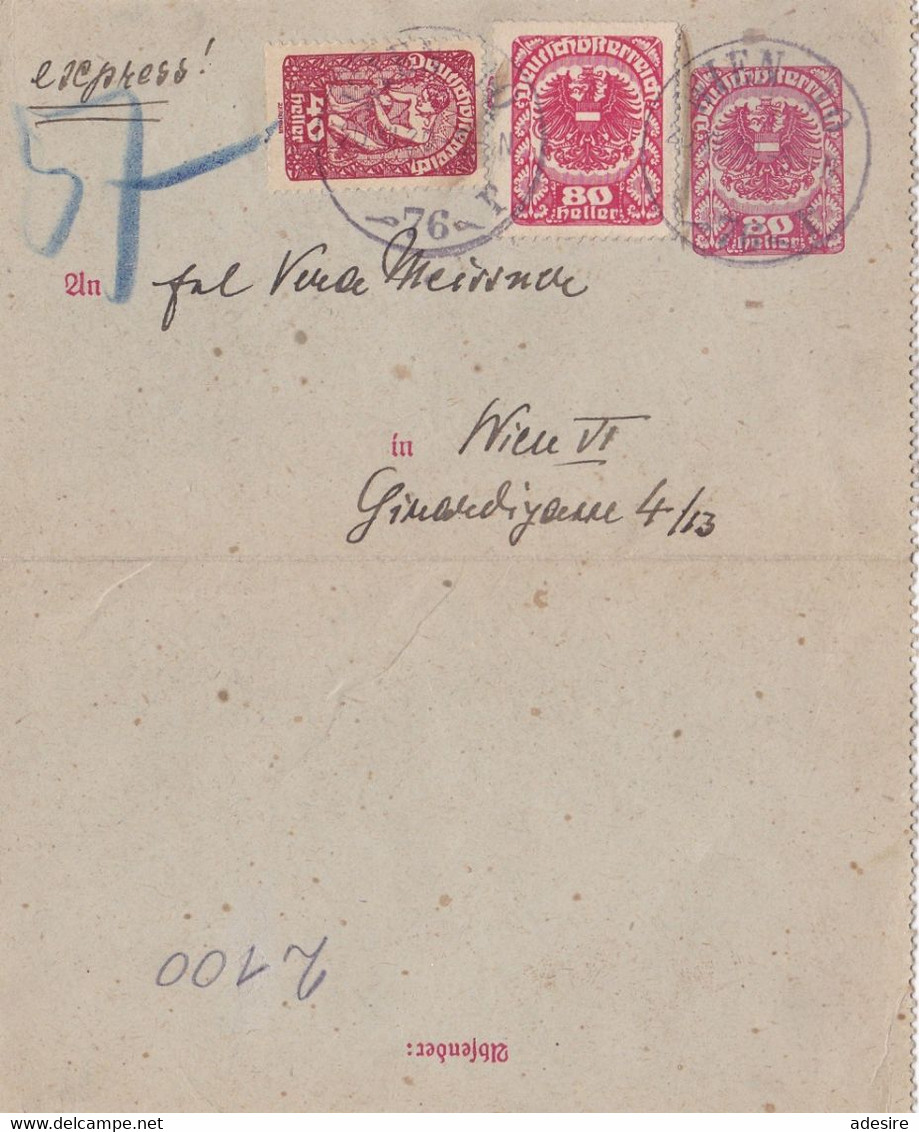 ÖSTERREICH EXPRESS 1921 - 80 Heller Ganzsache + 40 + 80 Heller Auf Karten-Brief Gel. Wien ... - Variétés & Curiosités