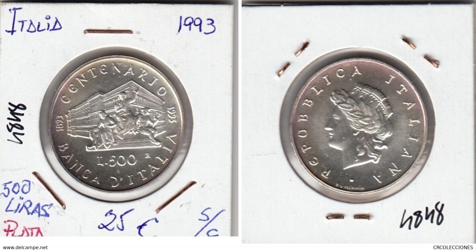 E4848 MONEDA ITALIA 500 LIRAS 1993 SIN CIRCULAR PLATA 25 - Andere & Zonder Classificatie