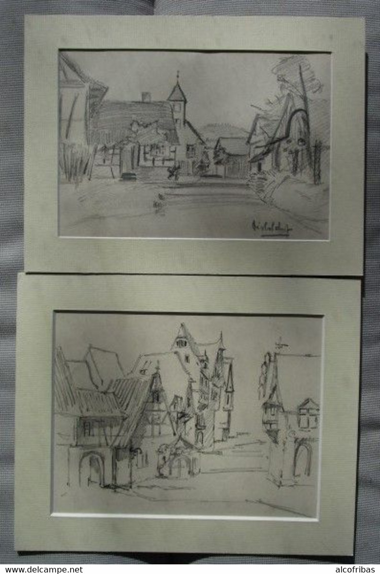 Deux Dessins Au Crayon Villages ( Bischdorf ?) Alsace Non Signé D'un Lot De Heun - Dessins