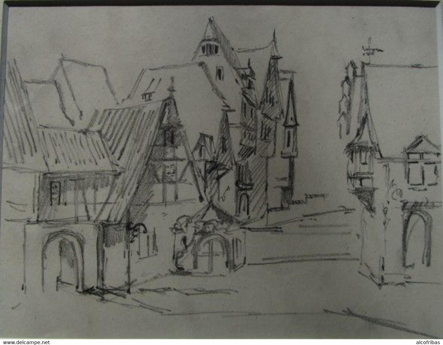 Deux Dessins Au Crayon Villages ( Bischdorf ?) Alsace Non Signé D'un Lot De Heun - Dessins