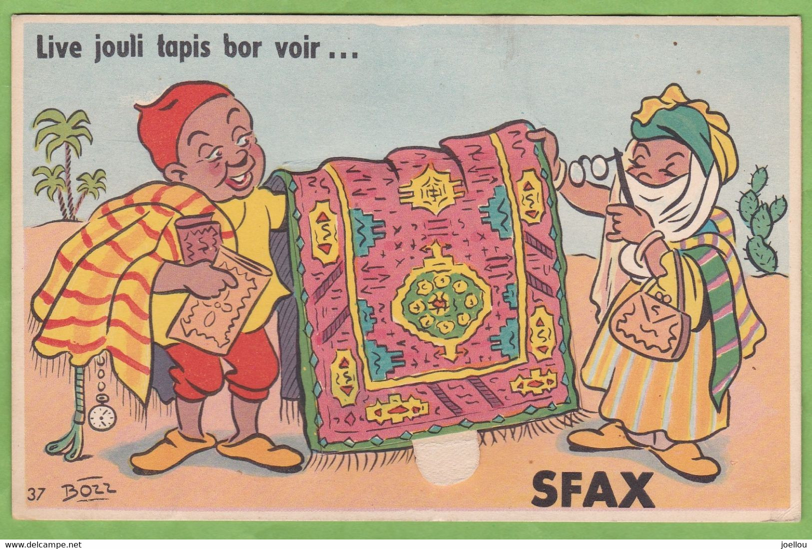 Rare CPA Carte à Système SFAX Algérie Illustrateur BOZZ Métier Marchand De Tapis - Cartoline Con Meccanismi