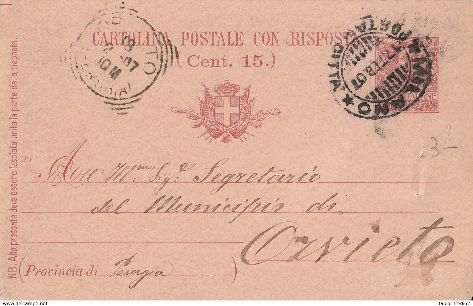 INTERO POSTALE 7,5 C.1905 TIMBRO ORVIETO PERUGIA MILANO 1907 (RY8747 - Stamped Stationery