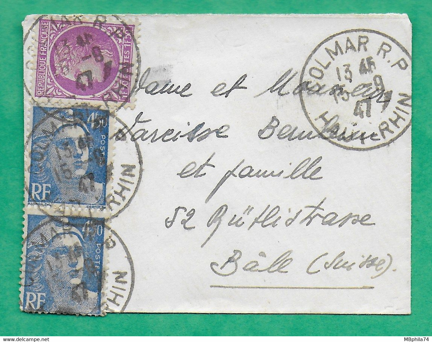 N°679 + 718A X2 MAZELIN GANDON MIGNONETTE TARIF 10F CAD COLMAR RP HAUT RHIN POUR BALE SUISSE 1947 LETTRE COVER FRANCE - 1921-1960: Modern Tijdperk