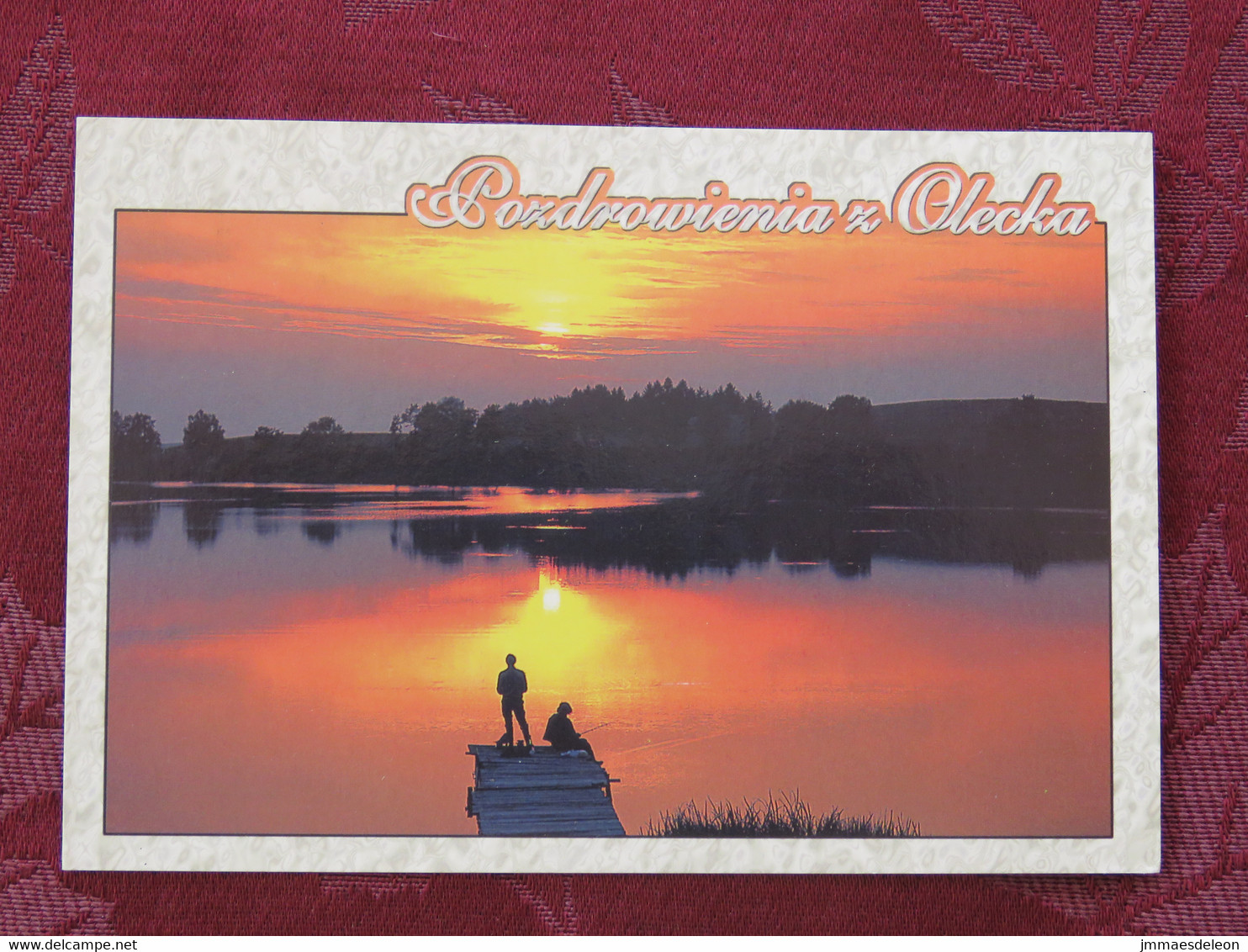 Poland 1997 Postcard "lake Fishing Sunset" Olecko To England - Pinecones Pinus Tree - Storia Postale