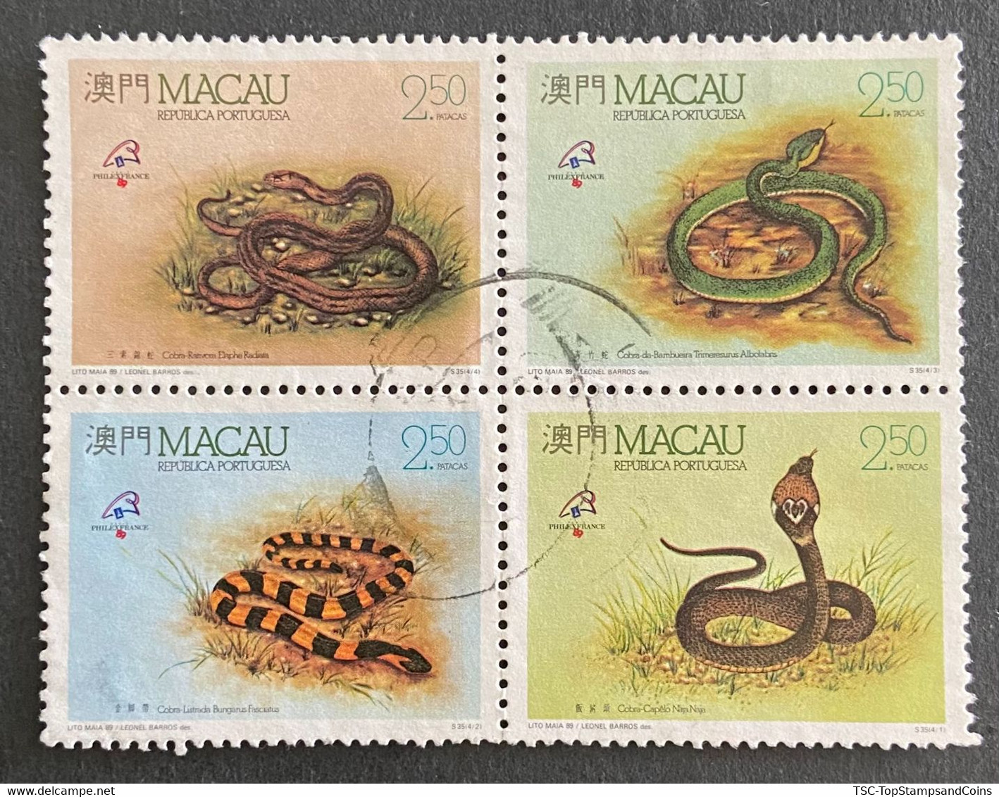 MAC5594-97U - Snakes From The Region - Block Of 4 Used Stamps - Macau - 1989 - Gebruikt