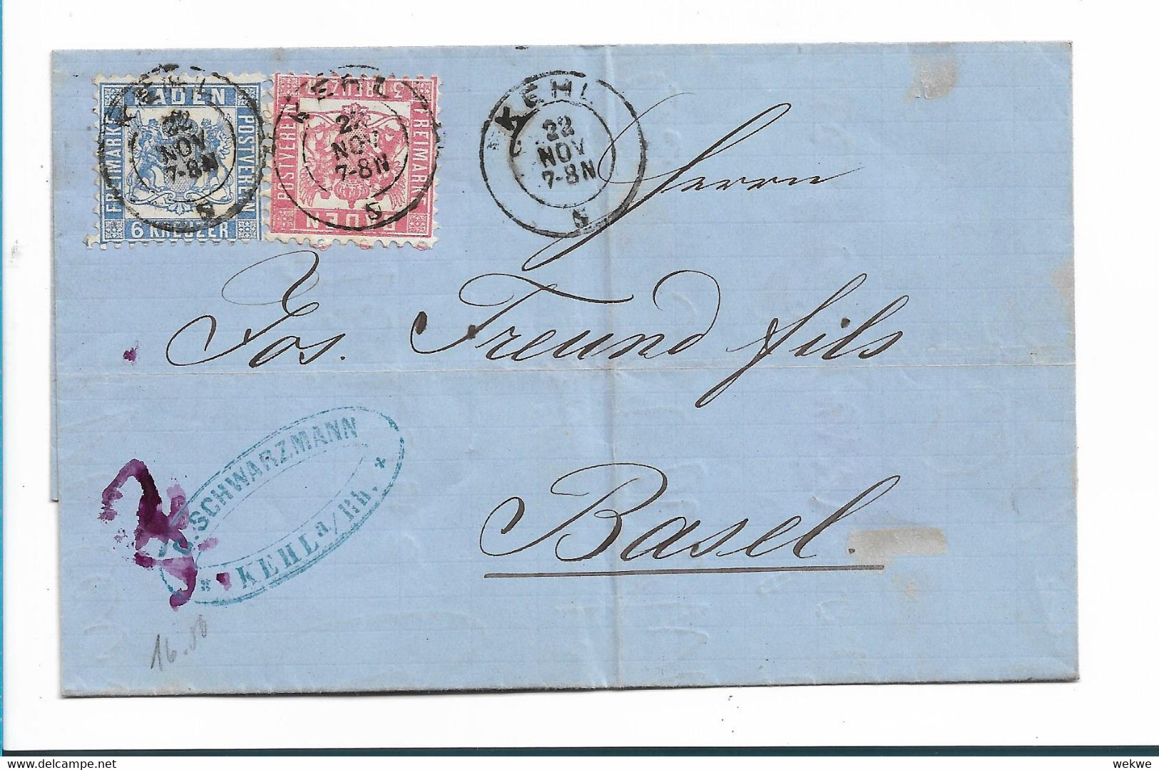 Bad295 / BADEN - Mi.Nr. 18/19, 1867 - Kehl Nach Basel - Badische Bahnpost Umseitig - Covers & Documents