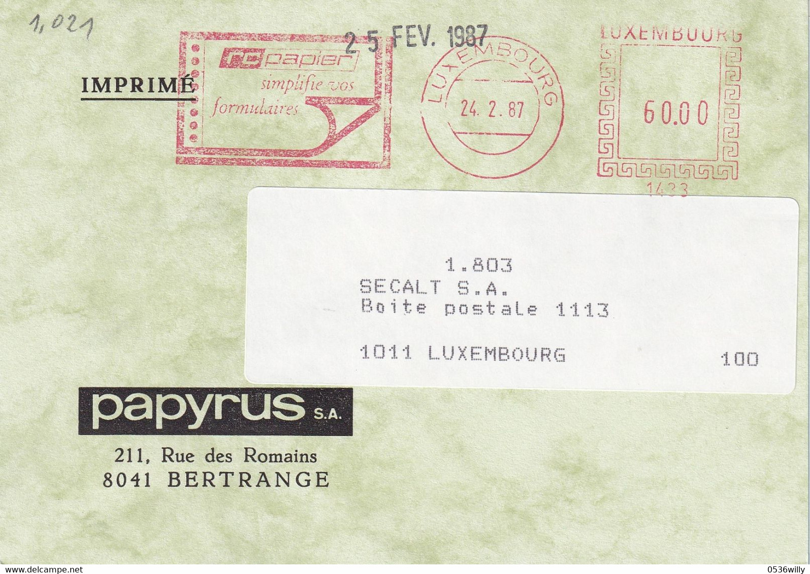 Luxemburg - Francotyp Rc-papier (1.021) - Frankeermachines (EMA)