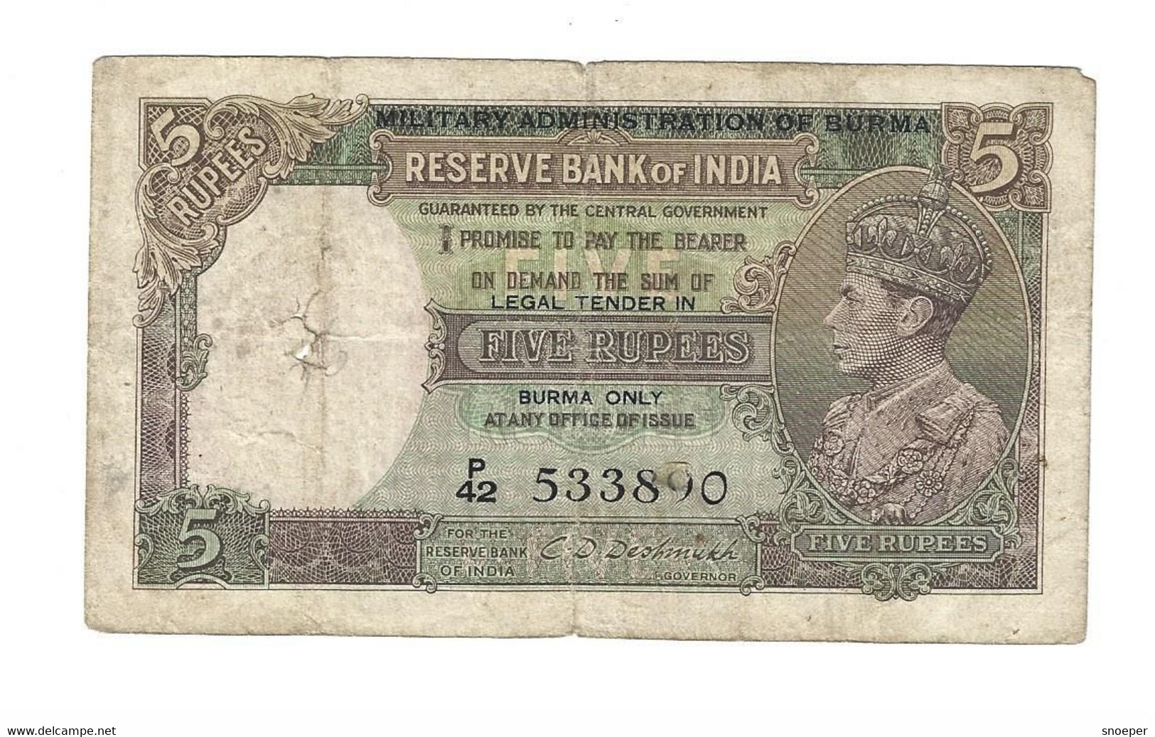 *myanmar  Burma  Goverment Of India  5 Rupees 1945   26b - Myanmar