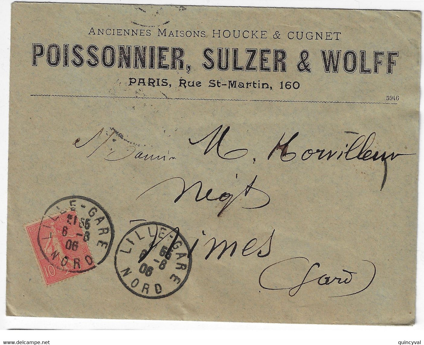 LILLE-GARE Lettre Entête Poissonnier Suzer Wolf 10 C Semeuse Lignée Yv 129 Ob Daguin Jumelée LIL521 - 1903-60 Säerin, Untergrund Schraffiert