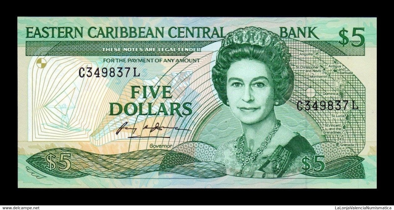 Estados Caribe East Caribbean St. Lucia 5 Dollars 1988 Pick 22l (1) SC UNC - East Carribeans