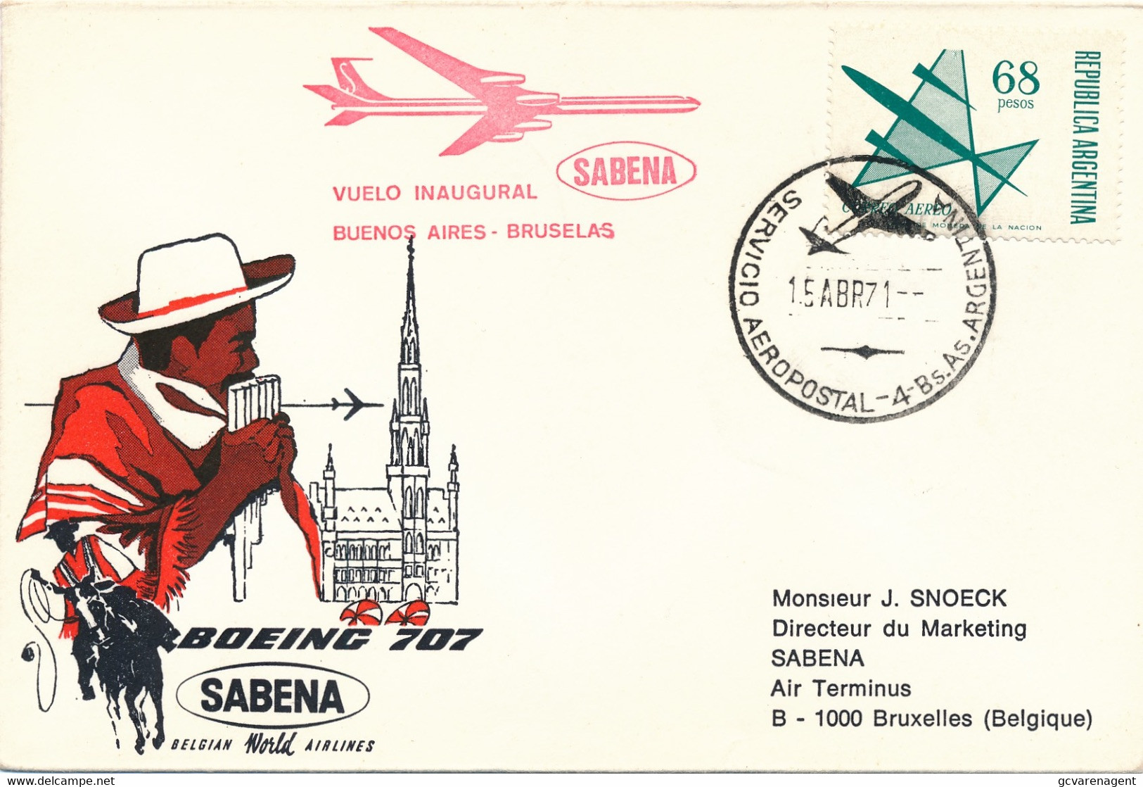 FDF  SABENA  BUENOS AIRES  BRUSELAS  15 APR 1971      2 SCANS - Sin Clasificación