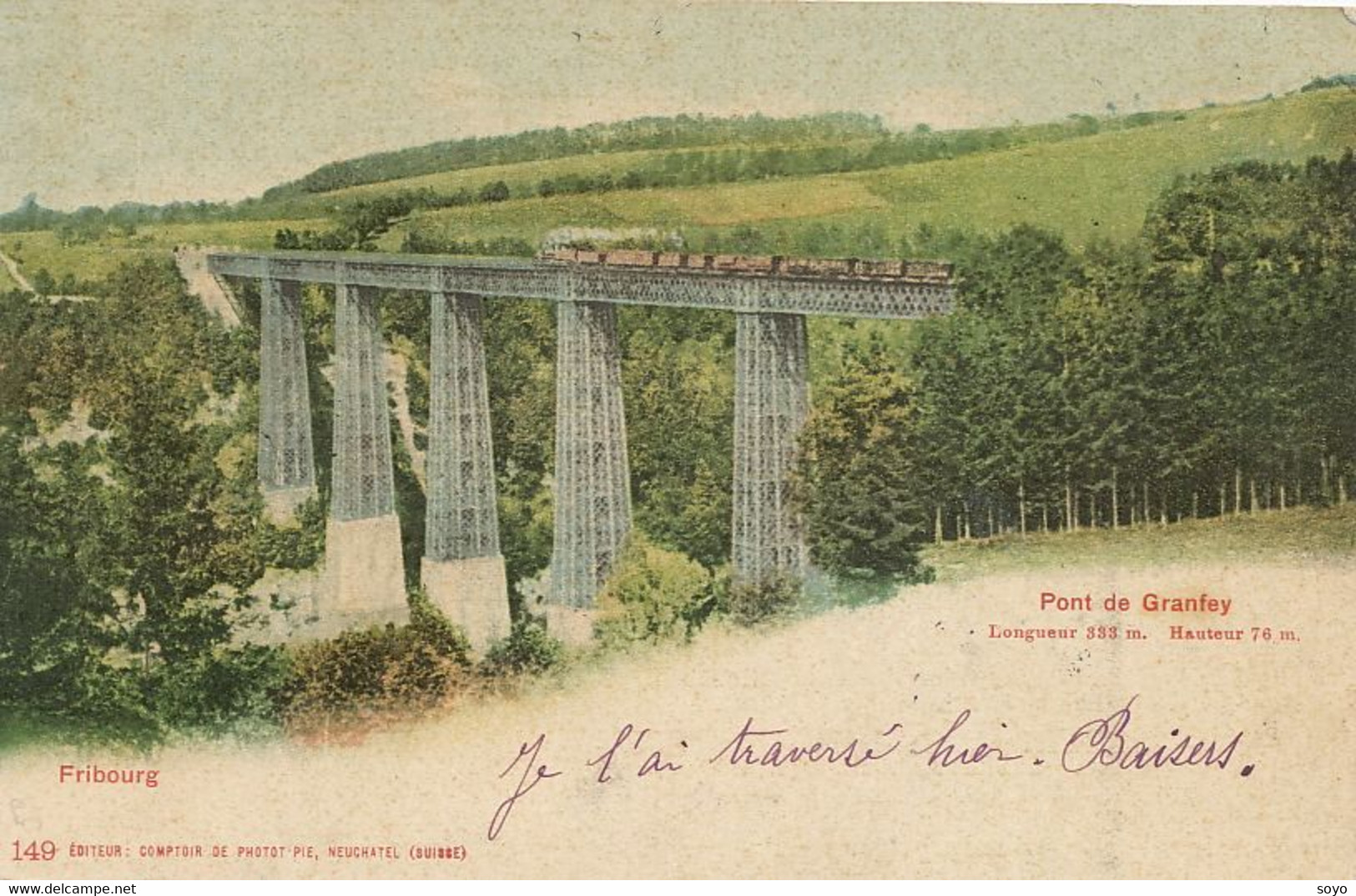 Train On Bridge Fribourg Pont De Granfey Hand Colored Timbre Taxe à Gien Loiret - Obras De Arte
