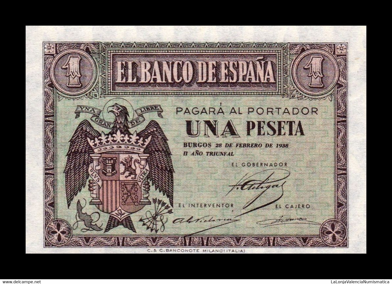 España Spain 1 Peseta Burgos Febrero 1938 Pick 107 Serie E SC UNC - 1-2 Pesetas