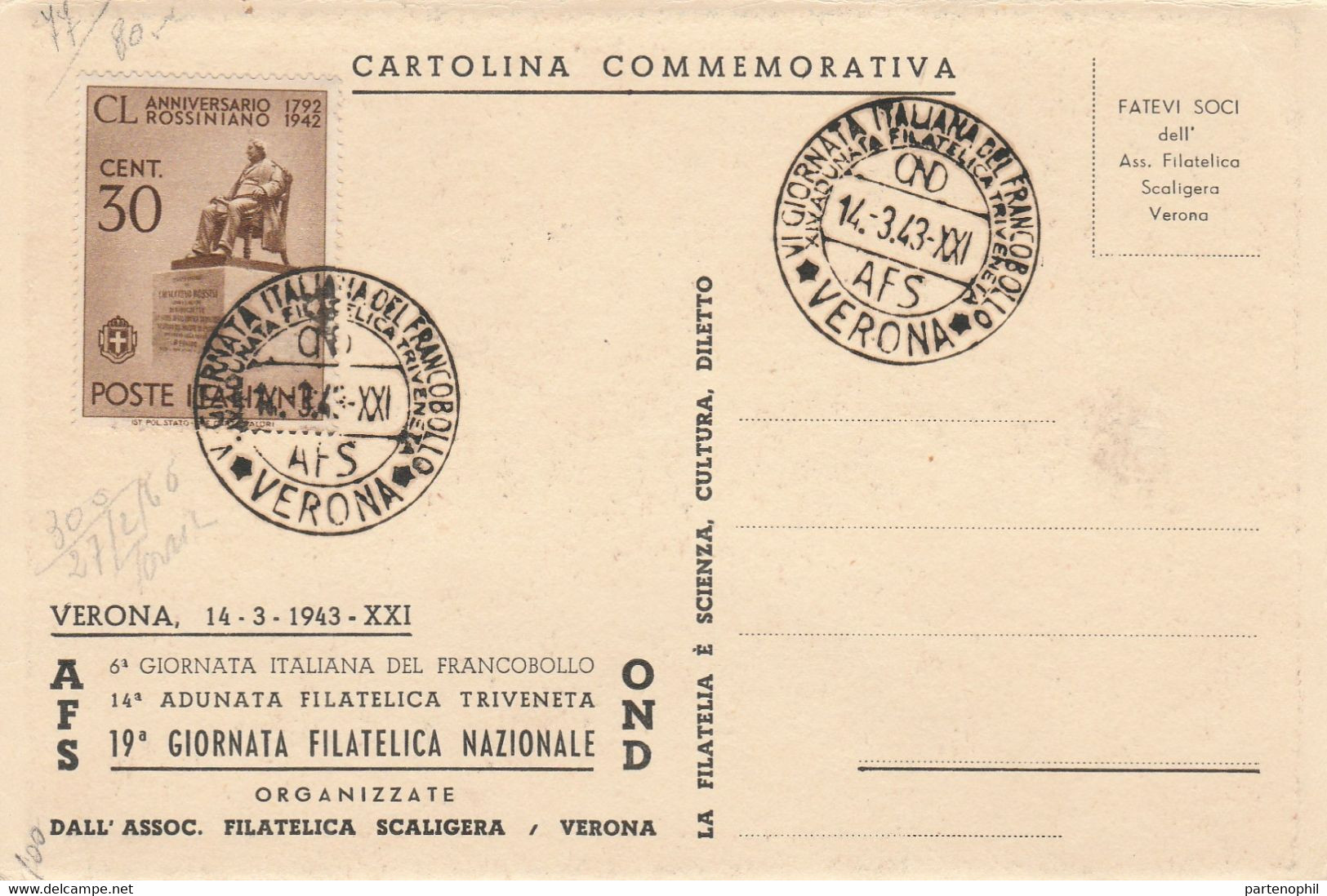 Italia - Annullo 1943 Cartolina Commemorativa XIV ADVNATA FILATELICA TRIVENETA Verona - Marcophilia