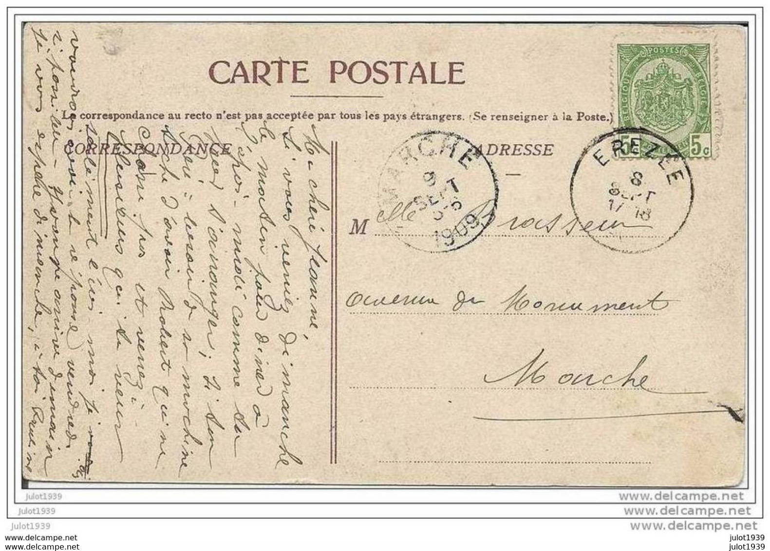 BLIER ..-- EREZEE ..--  Le Château . 1909 Vers MARCHE ( Melle Jeanne BRASSEUR ) . Voir Verso . - Erezée