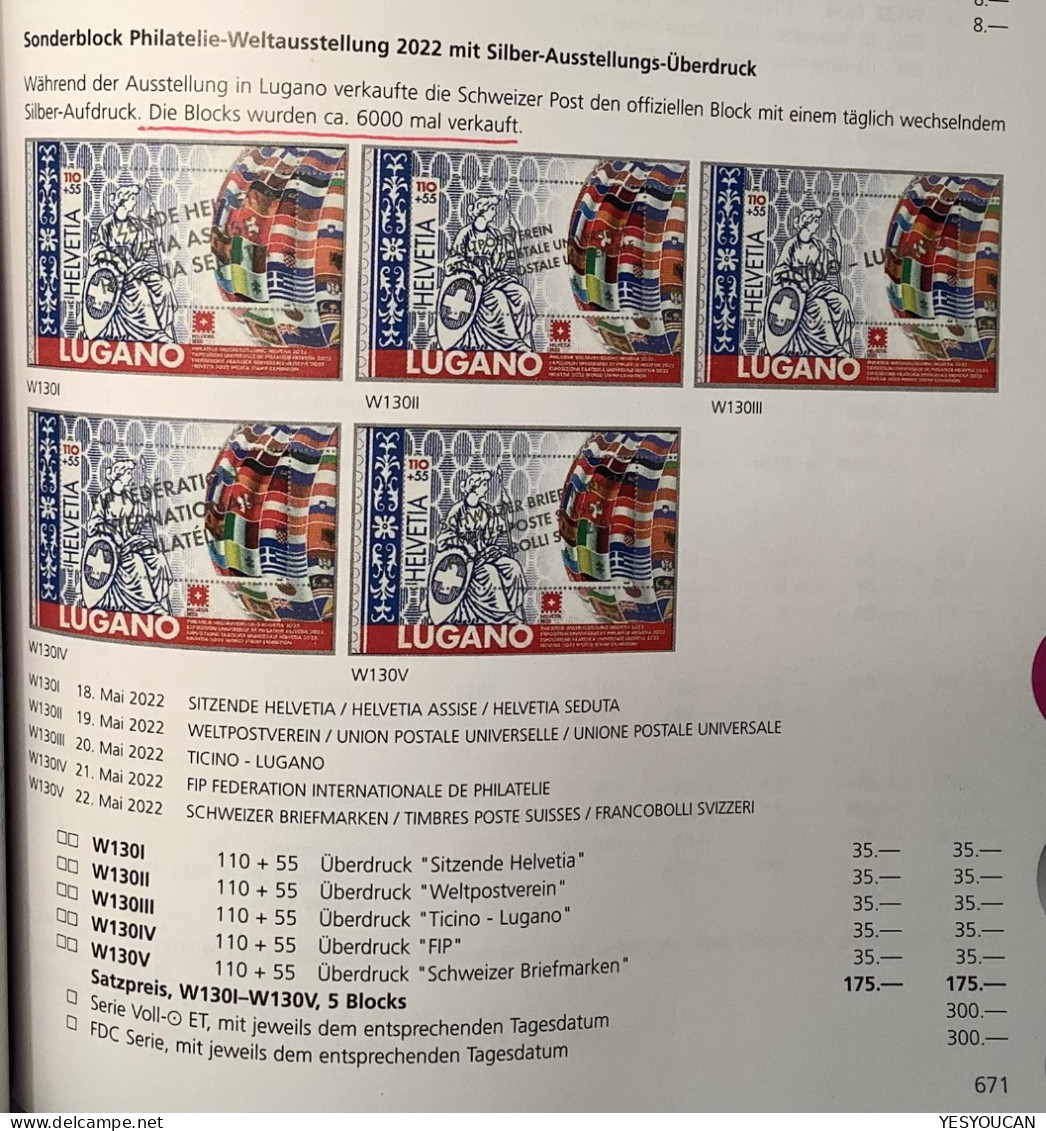 RARITÄT ! 2022 SATZ DER 5 AUFDRUCK BLOCK "Briefmarken Weltausstellung Helvetia Lugano"(Schweiz Briefmarkenausstellung - Blocks & Kleinbögen