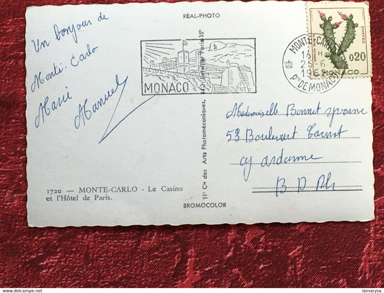 Carte Postale Monaco Monte-Carlo Hôtel De Paris-voitures Automobiles Anc-☛Casino-☛Real-Photo-Post Card-1962-Pr Gardanne- - Hotels