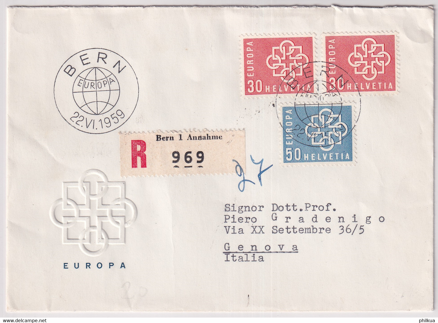 MiNr. 679 - 680  Schweiz 1959, 22. Juni. Europa - Gelaufenes Illustriertes Ausland R-FDC Nach Genova Italy - 1959