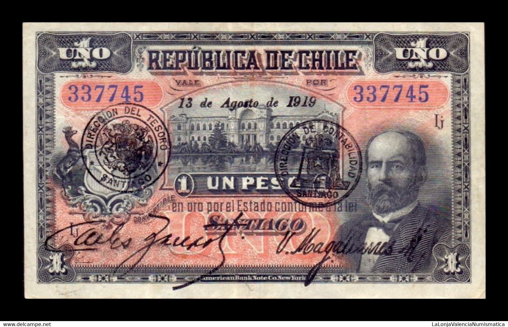 Chile 1 Peso 1919 Pick 15b MBC VF - Chile