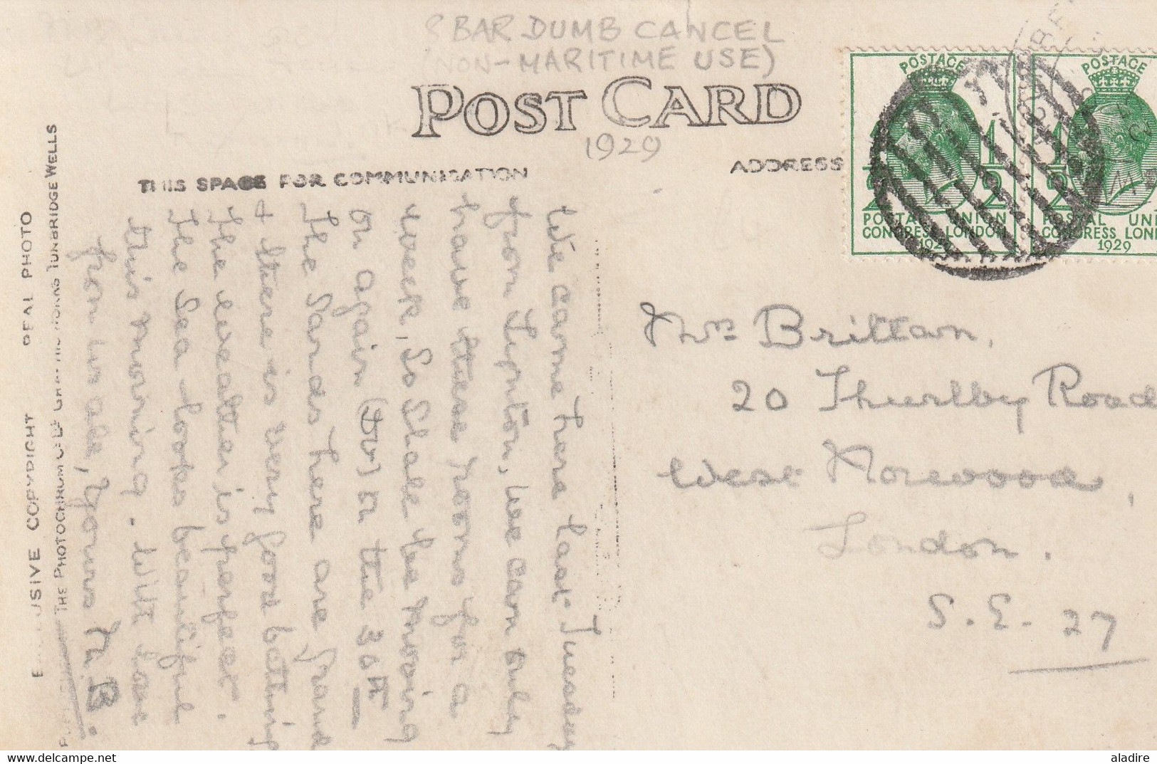 1928 - 8 Bar Dumb Cancel On Pair Of 1929 Postal Union Congress London 1/2 D Stamp - Woolacombe - London - Briefe U. Dokumente