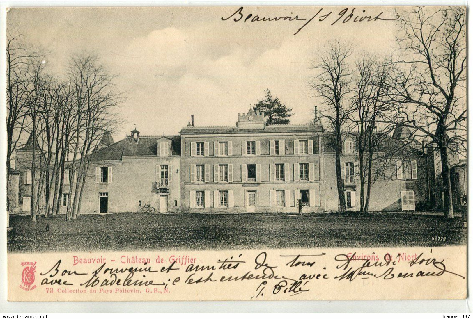 Ref 202 - BEAUVOIR-sur-NIORT - Château De GRIFFIER - Carte PIONNIERE De 1903 - Scan Du Verso - Beauvoir Sur Niort