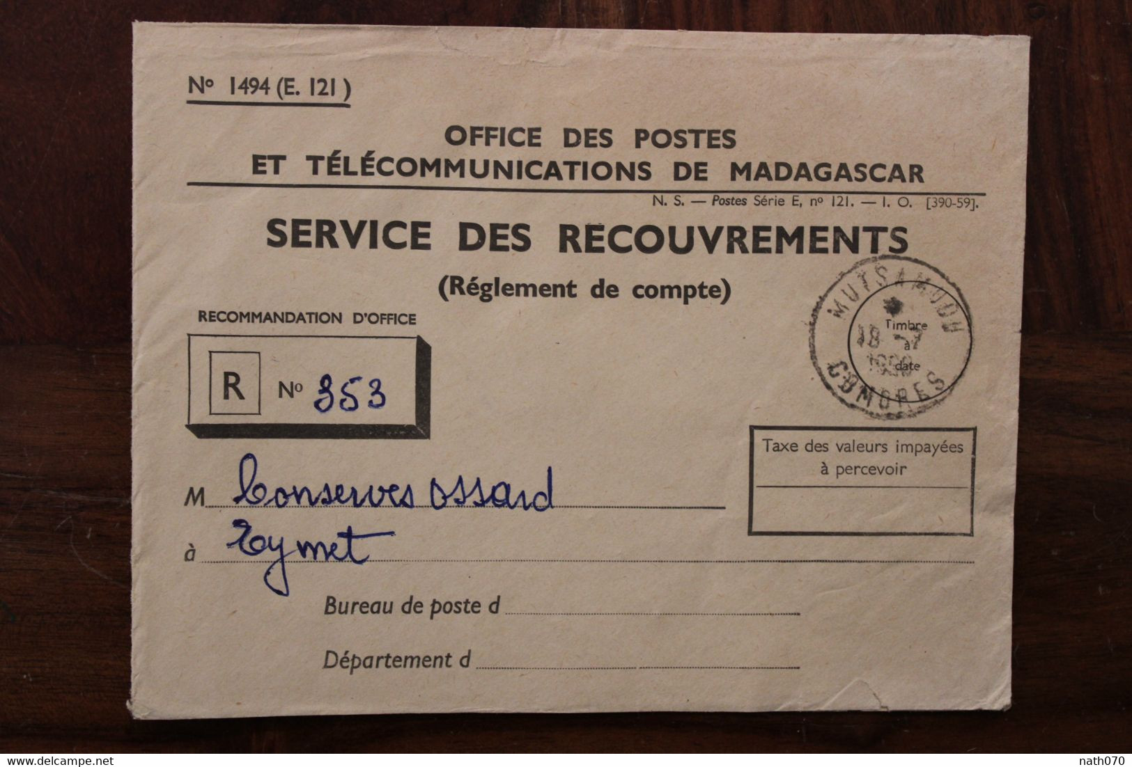 Comores 1958 Mutsamudu Office Postes Madagascar France Eymet Dordogne Cover Timbre à Date FP Recommandé Registered R - Lettres & Documents